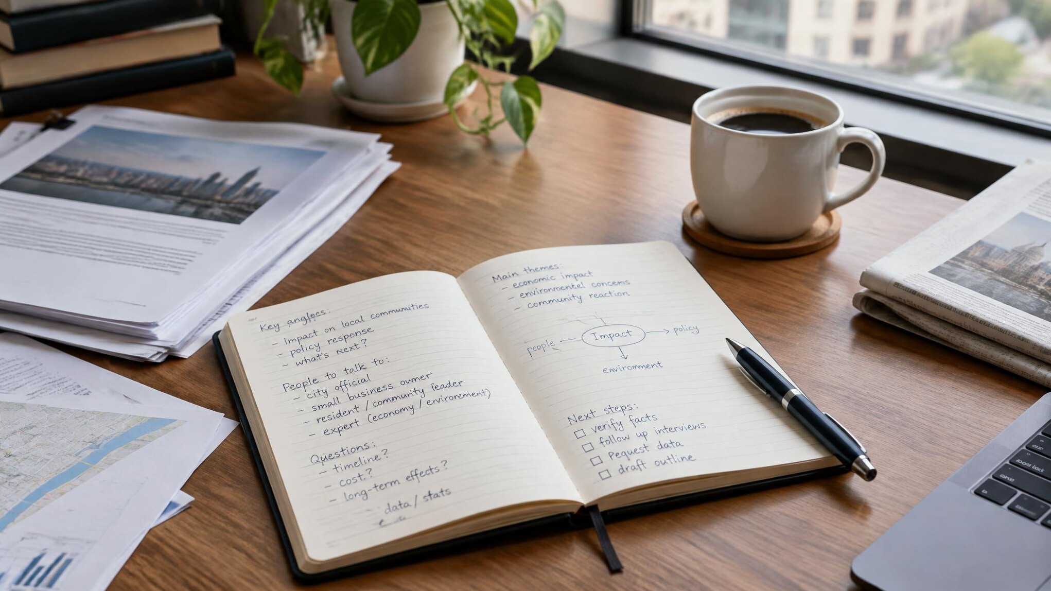 Notebook and pen on a desk with handwritten research notes